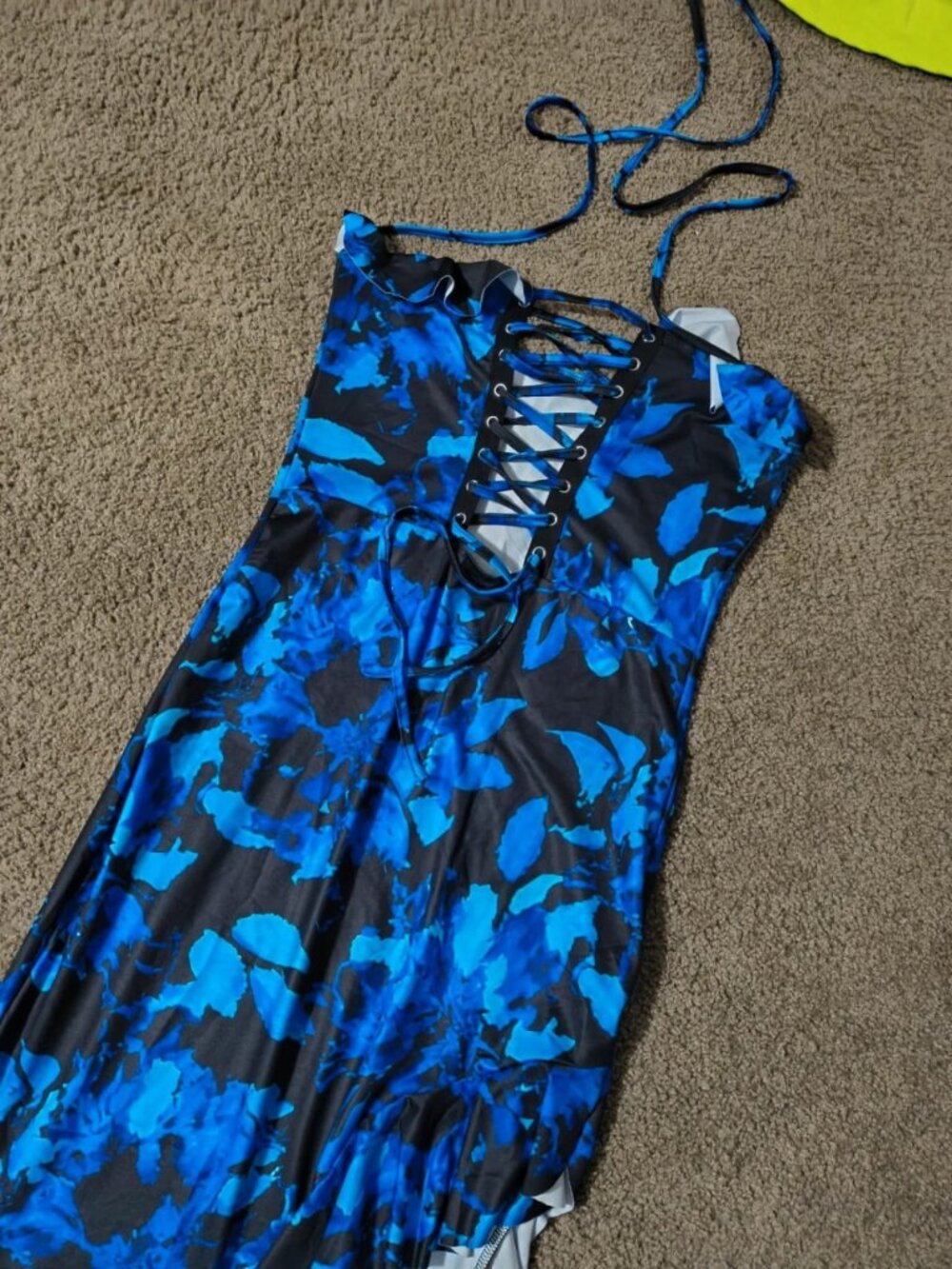 Women’s Blue & Black Floral Lace-Up Maxi Dress
